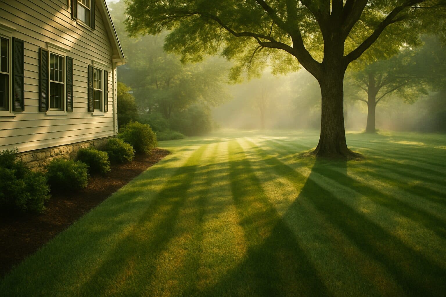 Owner-operated landscaping on a tidy North Shore, Massachusetts suburban property with freshly mowed lawn and mature trees